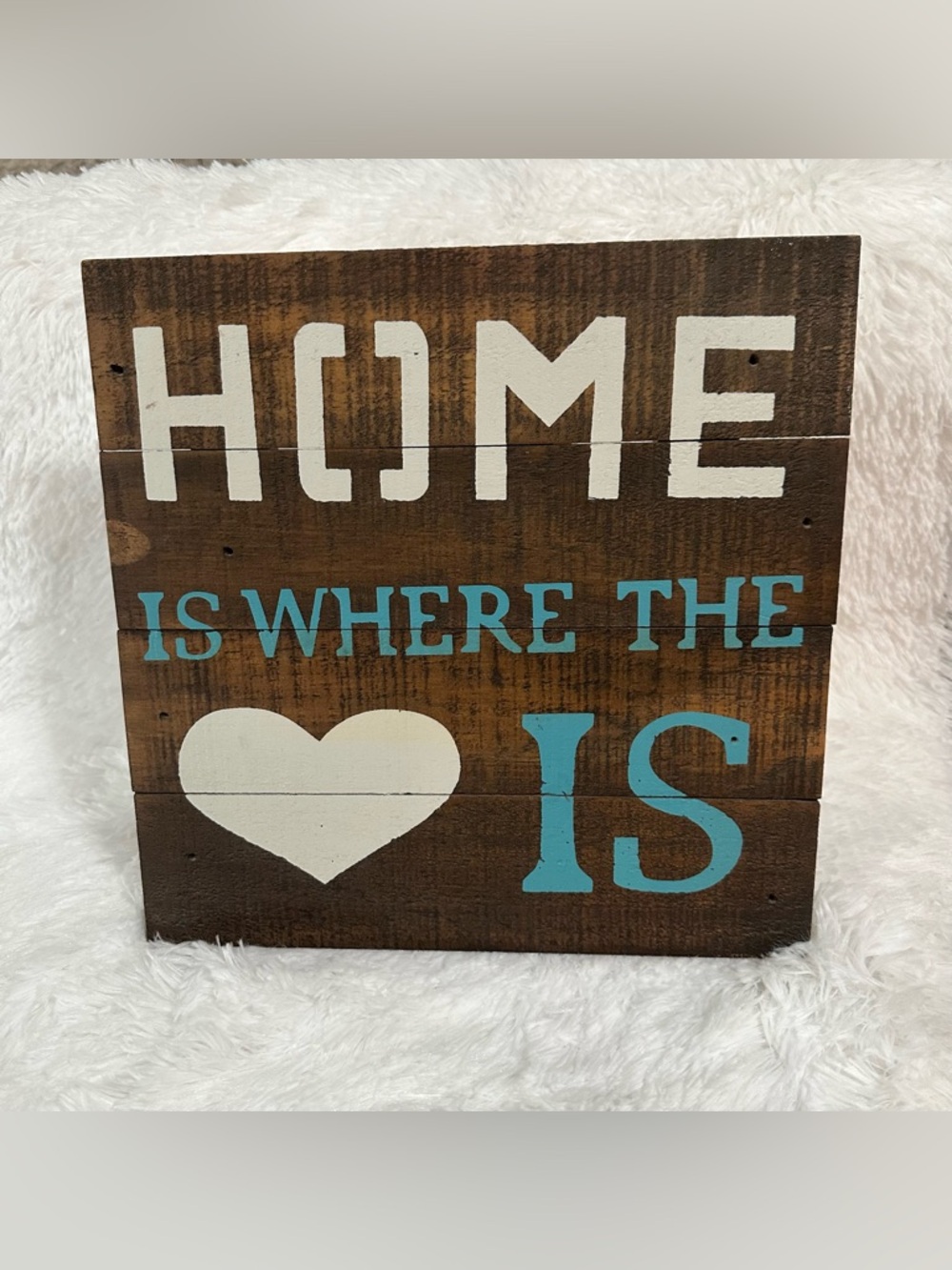 Home is where the 💙is brown wood sign with turquoise heart home decor
